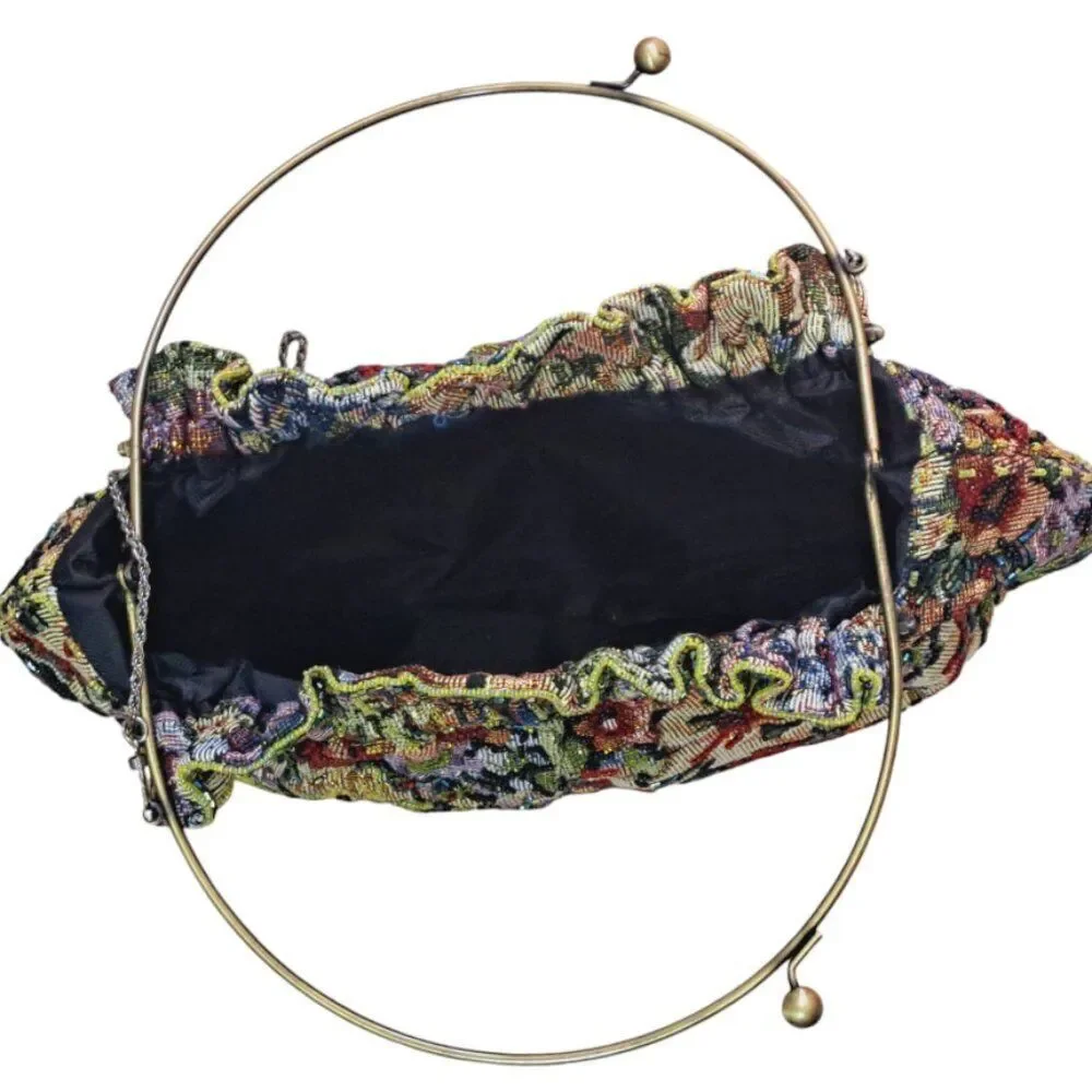 Women's Vintage Tapestry Beaded Floral Multi Color Bag Purse Kiss Lock